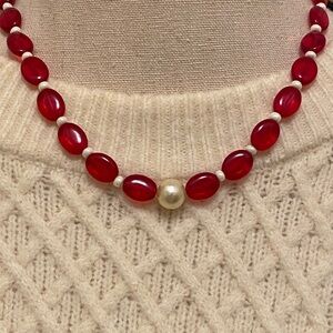Red Czech Candy  Glass Beads with Faux Pearl Focal Bead Necklace.